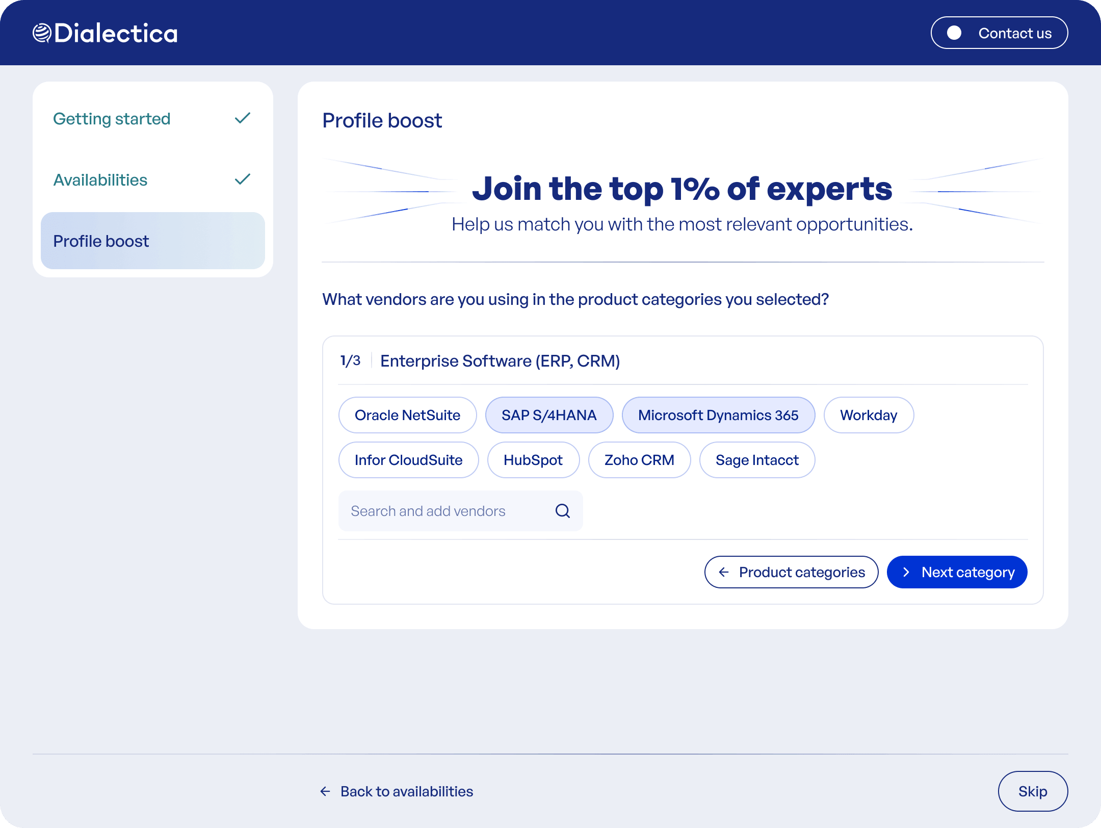 Profile Boost step 2: vendor chips shown one category at a time, with a search field to add more
